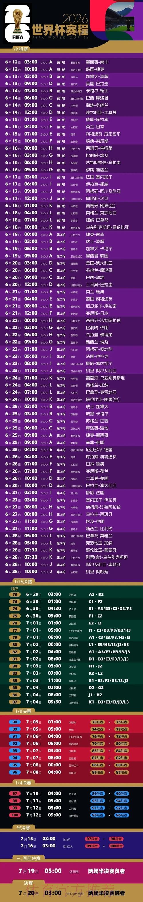 2026世界杯每日赛程官方发布比赛时间表实时查看 2026世界杯每日赛程官方发布比赛时间表实时查看