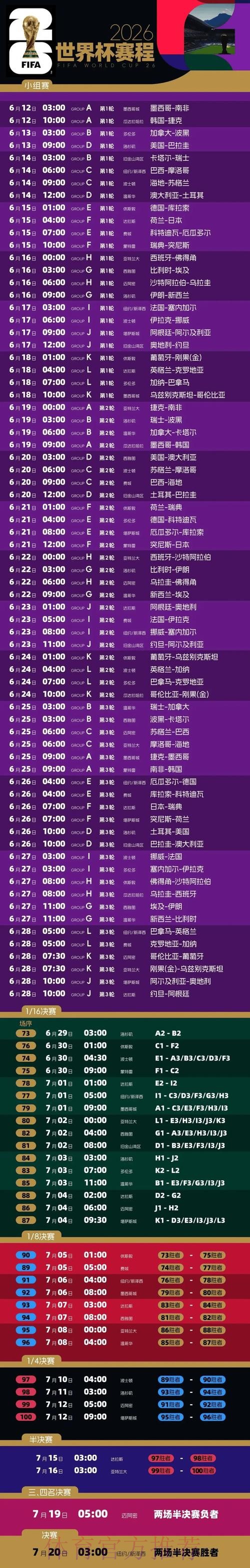 2026世界杯赛程完整版完整安排实时查看